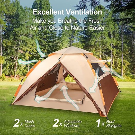 Camping Tent, Pop up Tent 4 Person Family Dome Tent Waterproof Windproof with 2 Mesh Doors, 2 Mesh Windows, Roof Skylights, 2 in 1 Double Layers, Storage Bag for Camping Hiking Backpacking (FREE POSTAGE)