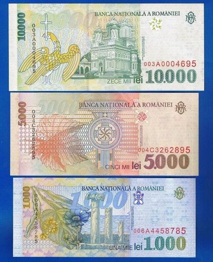 Romania - 3 X Banknotes 1000 Lei / 10000 Lei 1998 / 1999 Unc Set