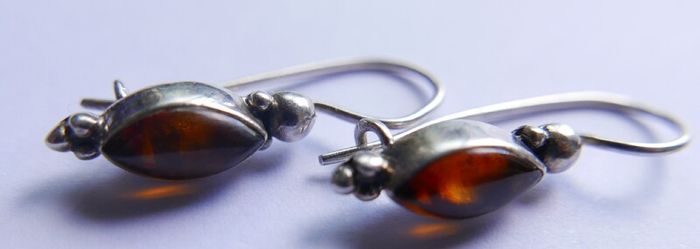 Vintage Baltic Amber Drop Earring, 925 Sterling Silver 2,1g
