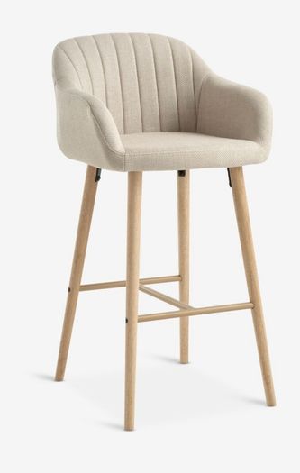 4 beige dining chairs and 2 counter stools