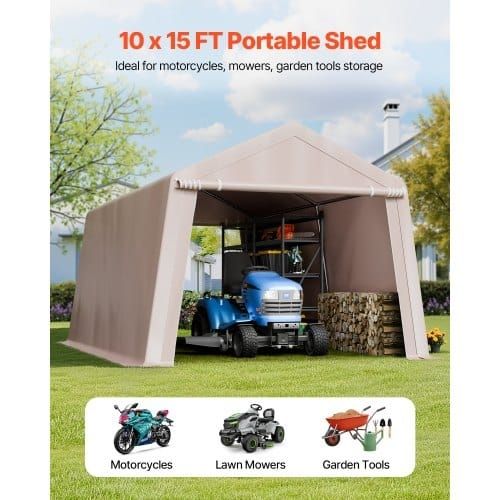 Outdoor Storage Shed, 10 x 15 ft Portable Storage Tent with 2 Roll-up Doors & Vents, Waterproof Canopy Shed Shelter, Heavy Duty Frame, Patio Garage Carport for Motorcycle Lawn Mower, Beige  Heavy-Duty Metal Frame: This large 10x15 ft portable storage 