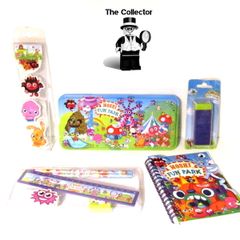 NEW  MOSHI MONSTERS SCHOOL TIN BOX SET Pencil Tin Ruler Rubber Stapmer And Notepad And Pencil Sharpener