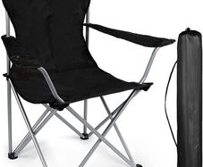 Outdoor Folding Camping Chair with Cup Holder Storage Bag, Lightweight Portable for Beach, Barbecue, Fishing (Black)