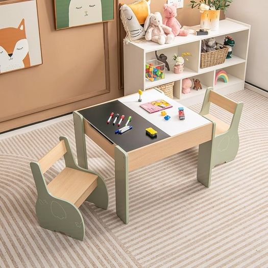Kids Table with 2 Chairs, 3 Piece Wooden Furniture Set with Reversible  Removable Tabletop, Drawing Table with Storage, Elephant Shaped Childrens Seating Set for Ages 3 to 6
