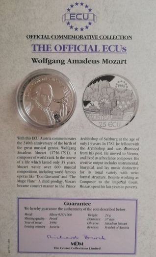 1996 Austria Wolfgang Amadeus Mozart Silver proof 25ecu coin. Official commemorative collection