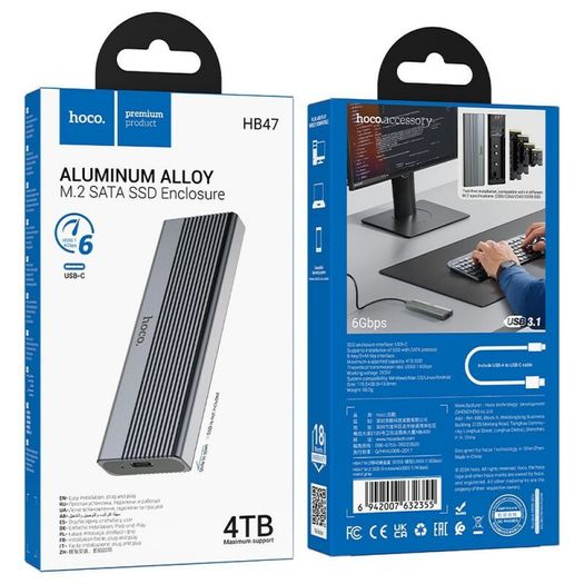 HOCO enclosure for M.2 SATA SSD drives M key B+M key up to 4TB USB A USB3.2 / 6GBps HB47 Metal