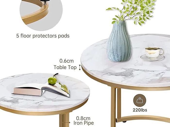 Round Coffee Tables, Removable Set of 2 End Table, Nesting Tables with Gold Metal Frame Legs and Marble White Top for Living Room, Bedroom, Office, Balcony, Apartment (FREE SHIPPING)