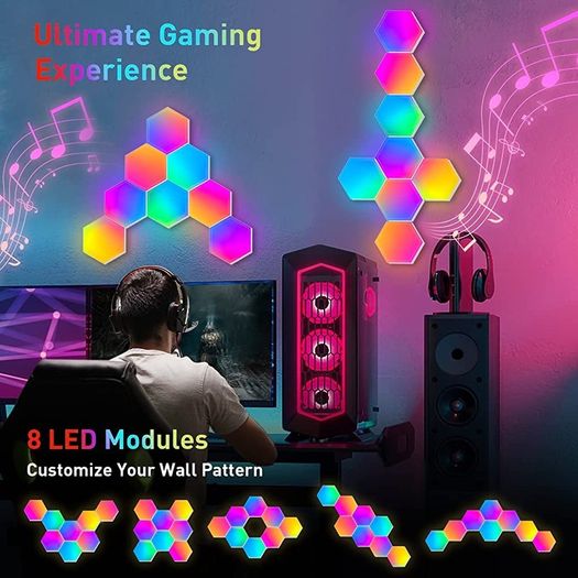Hexagon Lights Gaming - 8 Pack RGB Led Hex Light Panels Hexagon Smart Wall Lights Sync to Music for Room Bar Decor Gaming Setup (FREE POSTAGE)