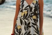 Next Ecru/Yellow Lemon Print Linen Blend V-Neck Summer Mini Dress