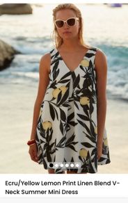 Next Ecru/Yellow Lemon Print Linen Blend V-Neck Summer Mini Dress
