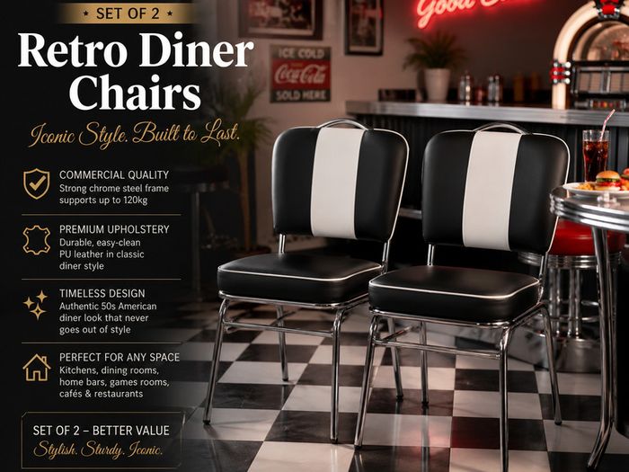 Set of 2 Retro American Diner Dining Chairs Black Faux Leather Chrome Kitchen Chairs 1950s Vintage