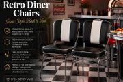 Set of 2 Retro American Diner Dining Chairs Black Faux Leather Chrome Kitchen Chairs 1950s Vintage