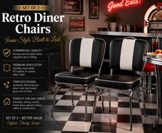 Set of 2 Retro American Diner Dining Chairs Black Faux Leather Chrome Kitchen Chairs 1950s Vintage