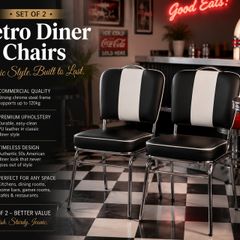 Set of 2 Retro American Diner Dining Chairs Black Faux Leather Chrome Kitchen Chairs 1950s Vintage