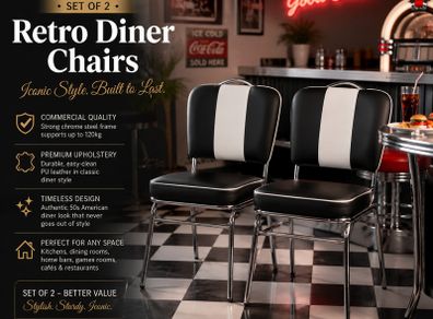 Set of 2 Retro American Diner Dining Chairs Black Faux Leather Chrome Kitchen Chairs 1950s Vintage