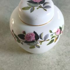 Wedgwood, Small Ginger Jar with Lid, Hathaway Rose Pattern, Pink Rose, 1980 English Bone China, Lidded Pot, Vintage Gif
