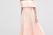 Peach/blush coloured bardot style off-shoulder dress UK8