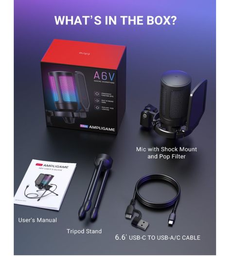 FIFINE AmpliGame A6V RGB USB Gaming Microphone USB Condenser Mic for PC, PS5.