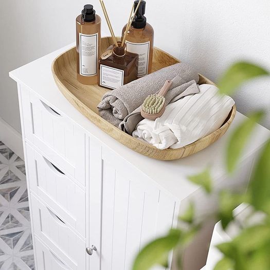 Bathroom Floor Storage Cabinet, Wooden Storage Unit with 4 Drawers, Single Door, Adjustable Shelf, for Living Room, Kitchen, Entryway (FREE SHIPPING)