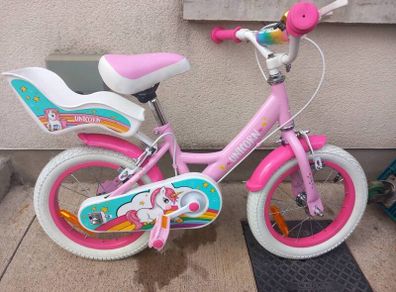 Kids unicorn bike size 14 inch wheels.