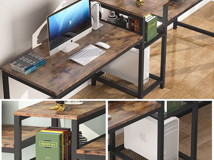 _Two-person desk with storage compartments, 94 inch extra-long double computer table with printer stand, bookshelf, large double workstation, home office table, desk