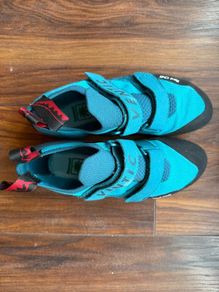 Red chilli climbing shoes and black diamond chalk bag