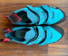 Red chilli climbing shoes and black diamond chalk bag