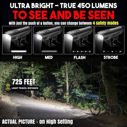 Bike Light Set | SEE & BE SEEN | Super-Bright! | 2x Bigger & Rechargeable Batteries | Water & Dirt Proof | Easy-To-Use Mounting System | Uncompromising Safety with 4 Extremely Useful Lighting Modes