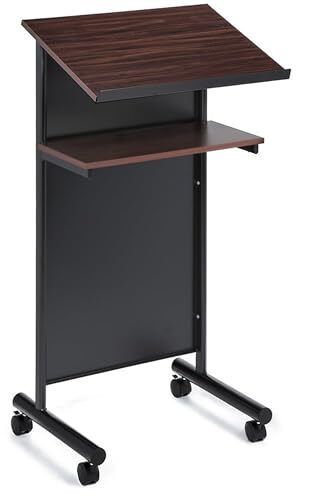Audio-Visual Direct Wheeled Lectern Podium Standing Desk with Storage Shelf - Cherry/Black Ideal for Presentations and Laptop Use