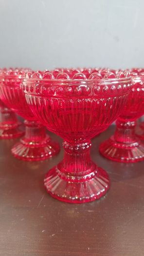 Fabulous Vintage Retro Set of Six Matching Red Sundae Glasses with a Relief Pattern Very Similar to the Very Popular Iittala Marimekko Maribowl Glasses in Cranberry - Perfect for Halloween