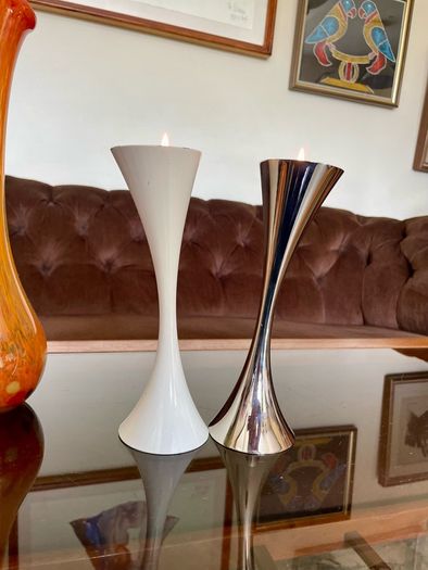 Vintage 20th Century Heavy Asymmetrical Stainless Steel and White Enamel Pair Of Candle Holders