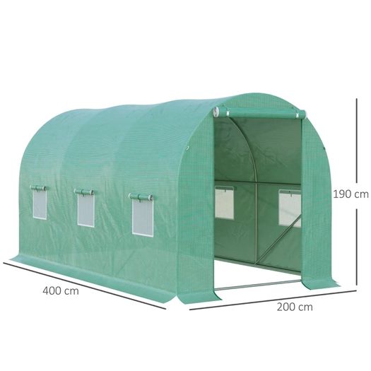 4 x 2 x 2 m Polytunnel Greenhouse with Roll-up Door and 6 Mesh Windows, Walk-in Garden Tunnel Warm House Tent with UV-resistant PE Cover and Galvanised Steel Frame, Green