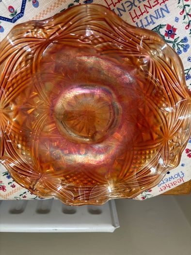 A bundle of vintage - retro pieces, Carnival Glass , Anchor Hocking Fire King, Large Ribbed Glass Butter Dish, Citrus Juicer, Three Footed Glass Sugar Bowl and Jug