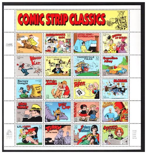 1995 USA Comic Strip Classics Stamp Sheetlet Mint Never Hinged (MNH). Includes stamps commemorating Popeye, Dick Tracey & Flash Gordon.