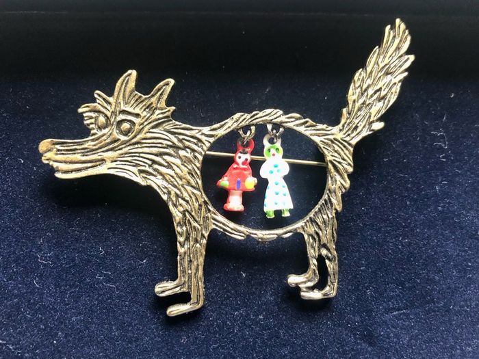 Whimsical Little Red Riding Hood Big Bad Wolf Brooch