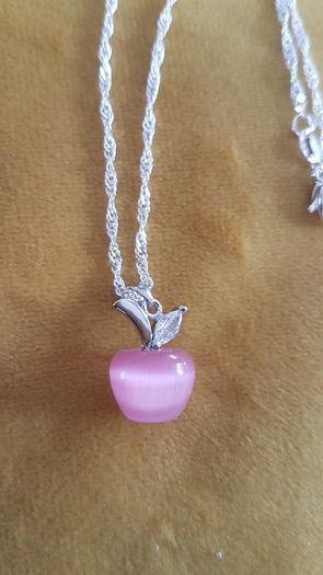 925 Sterling Silver pink opal apple pendant necklace