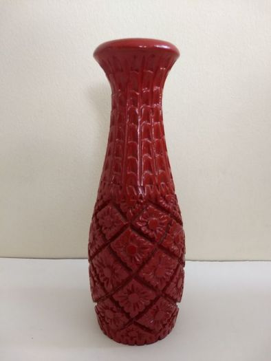 Amazingly Detailed Hand-Carved and Painted Wooden Bottle-Shaped Vase in Red - A Real Unusual Item, Carving reminiscent of a Pineapple!
