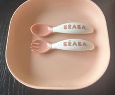 BEABA pink suction plate & matching fork & spoon EUC