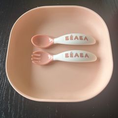 BEABA pink suction plate & matching fork & spoon EUC