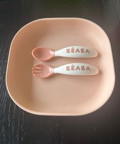 BEABA pink suction plate & matching fork & spoon EUC