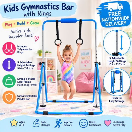 Kids Gymnastics Bar with Rings Adjustable Height Foldable Training Bar Ages 3 to 8