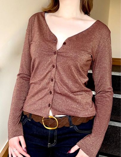 Sparkly Rose Gold Long Sleeve Button-Up Top
