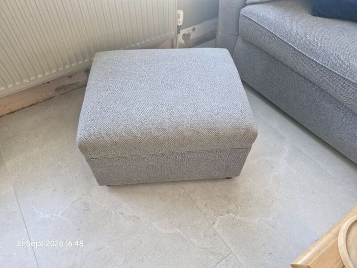 Two Light Grey  3  Seater Sofas + 2 Footstools