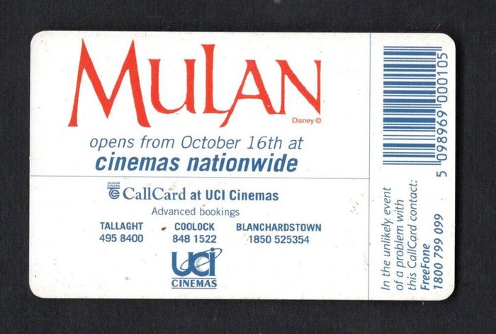 1997 Ireland 10 unit Disney's new film Mulan (Schlumberger SC7) Call Card Used. Telecom Eireann card number 1222.