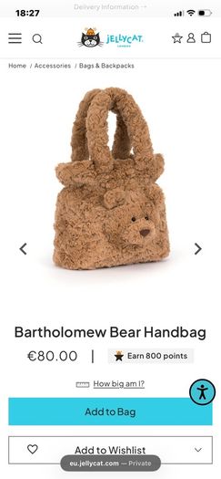 New JELLYCAT Bartholomew Bear Handbag