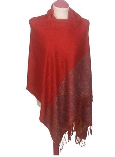 Ladies Red Paisley Rectangular Wrap Shawl With Tassle Fringe L 70 In X W 27 In