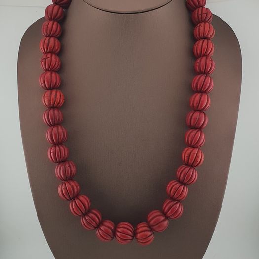 Antique African Red Melon Shape Big Glass Beads Necklace Strand