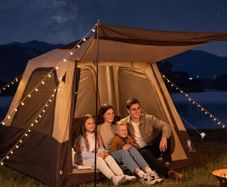 Camping Tent, 4 Person Inflatable Cabin Tent with Rechargeable Pump, TPU Air Tube & 5 Large Mesh Windows, Portable Easy Setup Waterproof with Carry Bag for Family Outdoor Camping & Hiking, Beige