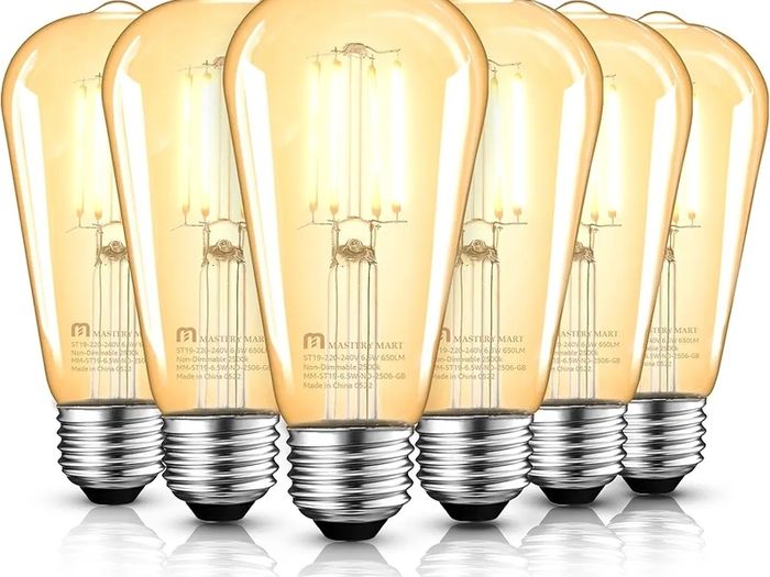 E27 Vintage Light Bulbs, Non-Dimmable, 2500K Warm White, 6.5W 60W Equivalent, Retro Amber Glass ST64 Filament LED Bulb, Edison Screw Cap, 15000Hours, 650 Lumens, Pack of 6