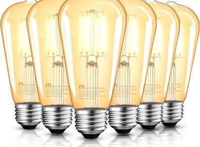 E27 Vintage Light Bulbs, Non-Dimmable, 2500K Warm White, 6.5W 60W Equivalent, Retro Amber Glass ST64 Filament LED Bulb, Edison Screw Cap, 15000Hours, 650 Lumens, Pack of 6